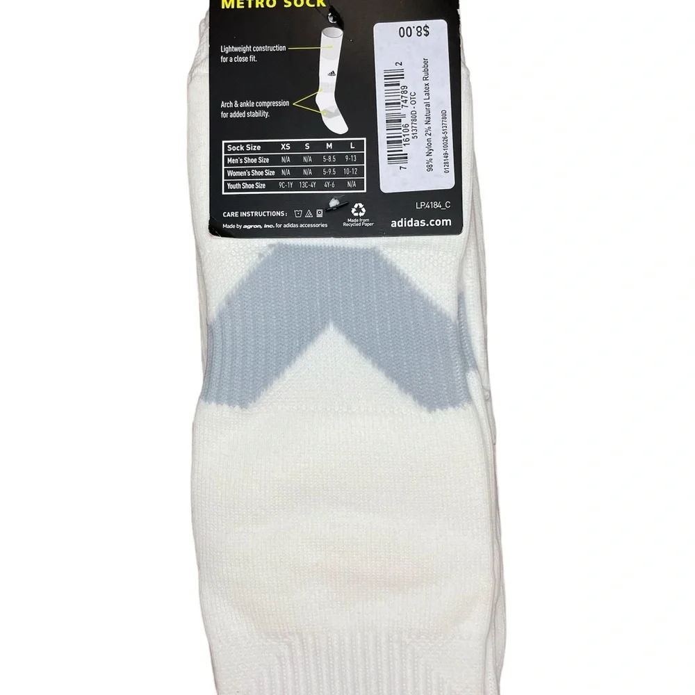Adidas Large Men's‎ Shoe Size 9-13 White Logo Soccer Metro Socks 1 Pair NWT